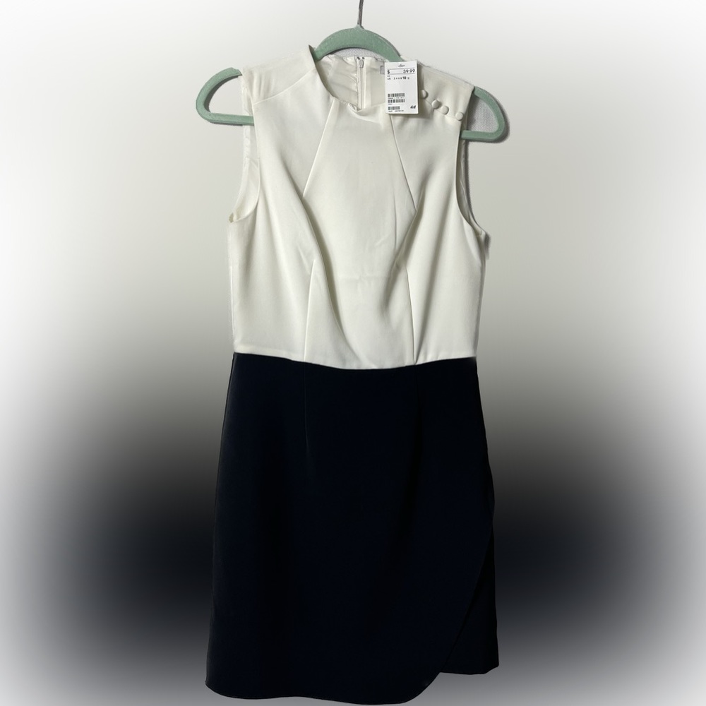 H&M Women's Sheath Dress Ivory Black Shoulder Button Sleeveless 10 New w/ tag